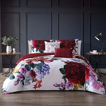 Bebejan Magenta Floral 100% Cotton 5 pc Reversible Comforter Set
