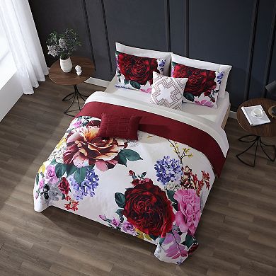 Bebejan Magenta Floral 100% Cotton 5 Piece Reversible Comforter Set