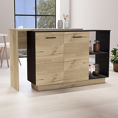 DEPOT E-SHOP Creta Kitchen Island, 2Door Cabinets, 2External Shelves, 3Shelves, Black/Light Oak