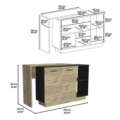 DEPOT E-SHOP Creta Kitchen Island, 2Door Cabinets, 2External Shelves, 3Shelves, Black/Light Oak