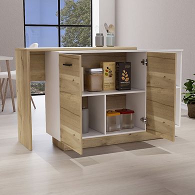 DEPOT E-SHOP Creta Kitchen Island, 2Door Cabinets, 2External Shelves,White/Light Oak