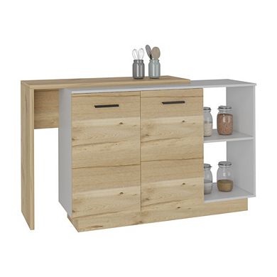 DEPOT E-SHOP Creta Kitchen Island, 2Door Cabinets, 2External Shelves,White/Light Oak