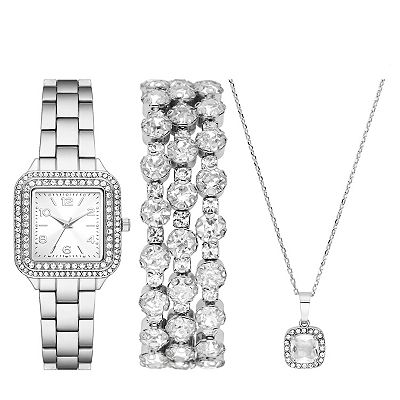 Folio Women's Silver Tone Bracelet, Watch Necklace Set