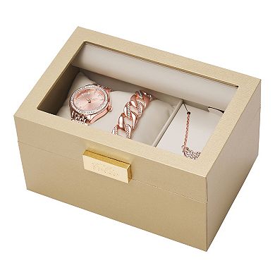 Folio Women's Rose Gold Tone Watch, Bracelet & Heart Necklace Set