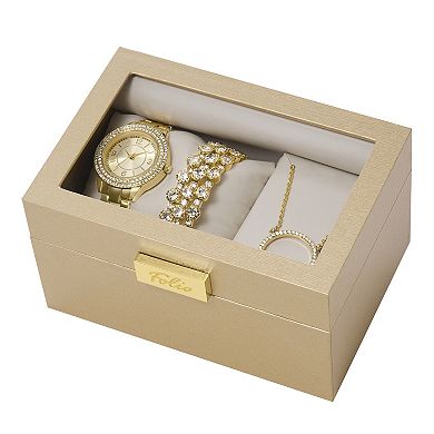 Folio Women's Gold Tone Watch, Bracelet & Necklace Set