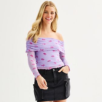 Juniors' Tinseltown Long Sleeve Open Shoulder Flocked Mesh Top