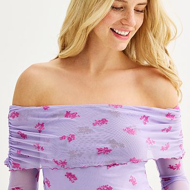 Juniors' Tinseltown Long Sleeve Open Shoulder Flocked Mesh Top