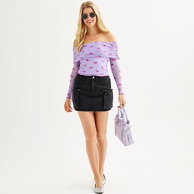 Juniors' Tinseltown Long Sleeve Open Shoulder Flocked Mesh Top