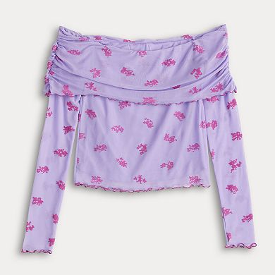 Juniors' Tinseltown Long Sleeve Open Shoulder Flocked Mesh Top