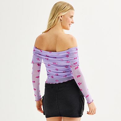 Juniors' Tinseltown Long Sleeve Open Shoulder Flocked Mesh Top