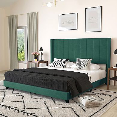Merrick Lane Sana Modern Upholstered Platform Bed Frame with Padded, Tufted Wingback Headboard