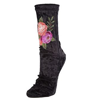 Floral Embroidered Crushed Velvet Socks