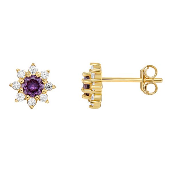 PRIMROSE Birthstone Cubic Zirconia Flower Stud Earrings - Gold Tone Feb