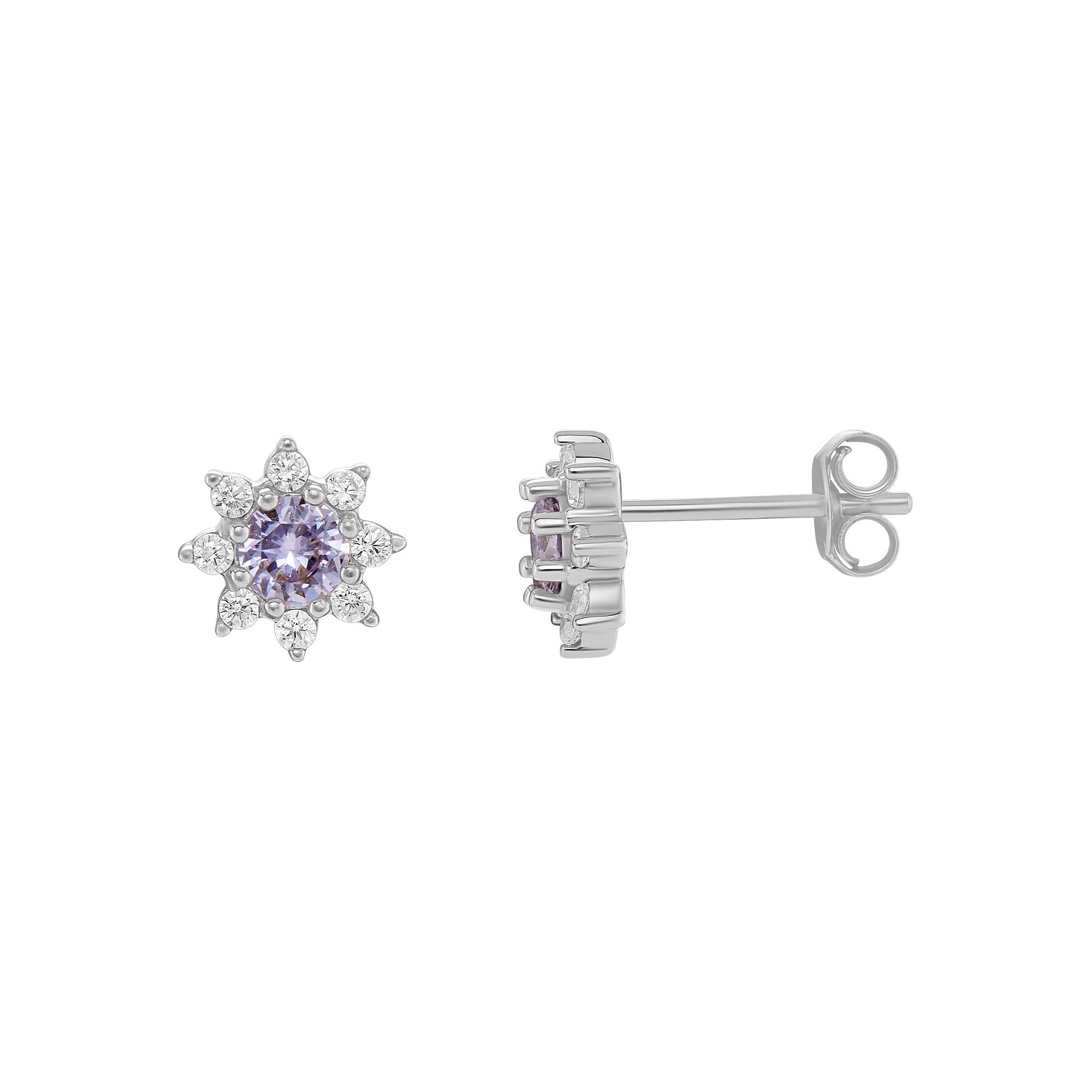 PRIMROSE Birthstone Cubic Zirconia Flower Stud Earrings, Womens, Silver To