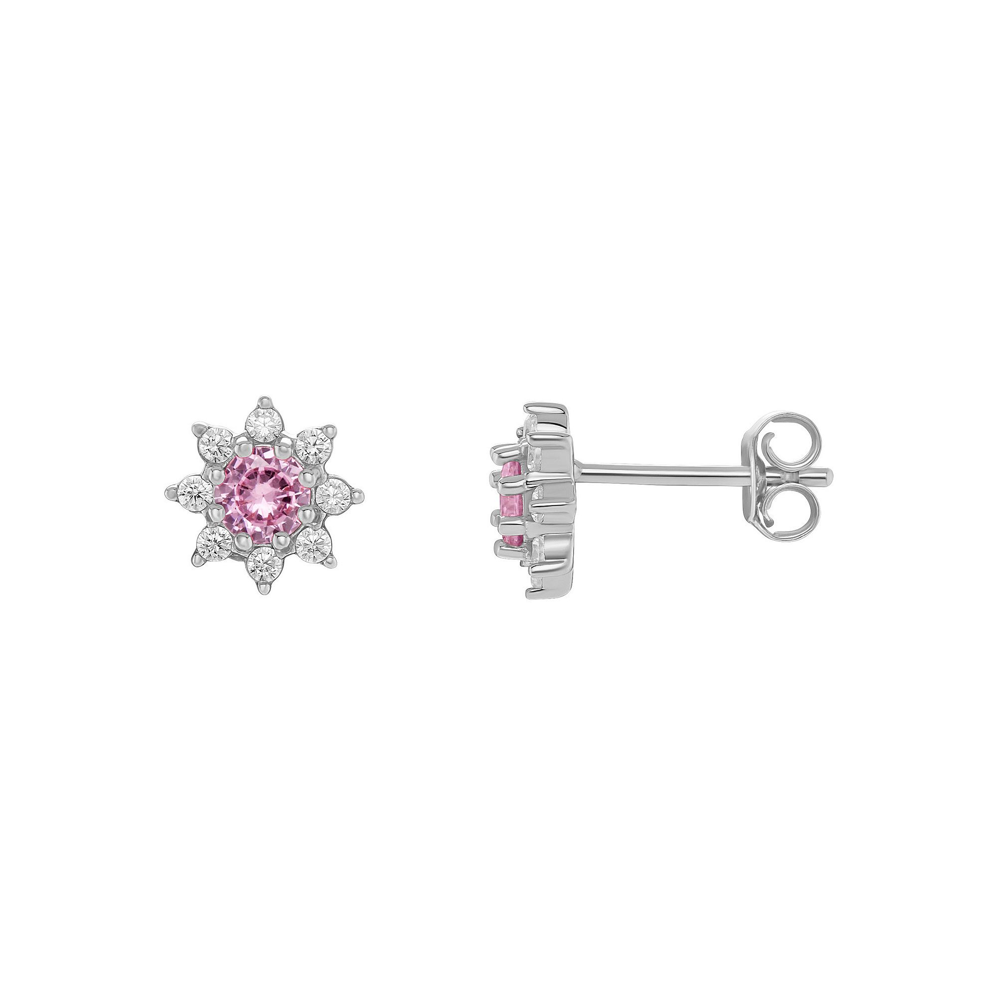 PRIMROSE Birthstone Cubic Zirconia Flower Stud Earrings, Womens, Silver To