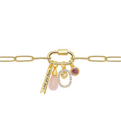 Brilliance 18k Gold Rose Quartz and Cubic Zirconia "Love you Mom" Charm Cluster Necklace