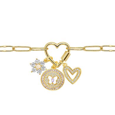 Brilliance 18k Gold Cubic Zirconia and Opal Flower, Butterfly Disc and Heart Charm Cluster Necklace