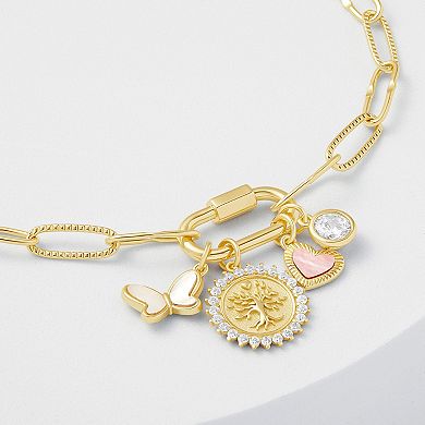 Brilliance 18k Gold Cubic Zirconia Butterfly, Family Tree Disc, Heart and Round Charm Cluster Bracelet