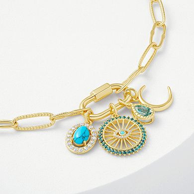 Brilliance 18k Gold Cubic Zirconia and Simulated Turquoise Round, Evil Eye Disc, Teardrop and Moon Charm Cluster Bracelet