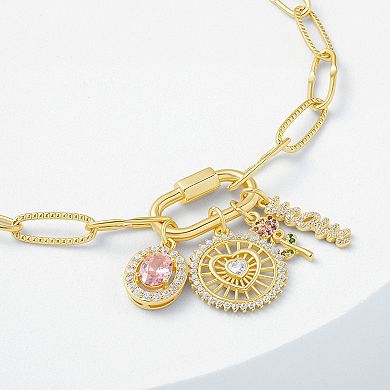 Brilliance 18k Gold Cubic Zircona "Mom", Oval, Heart Disc, and Rose Charm Cluster Bracelet
