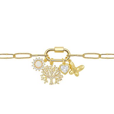 Brilliance 18k Gold Opal and Cubic Zirconia Flower, Family Tree, Heart and Butterfly Charm Cluster Bracelet