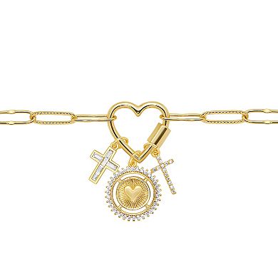 Brilliance 18k Gold Cubic Zirconia Crosses and Heart Disc Charm Cluster Bracelet