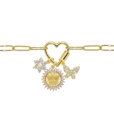 Brilliance 18k Gold Cubic Zirconia and Opal Flower, Butterfly Disc and Butterfly Charm Cluster Bracelet
