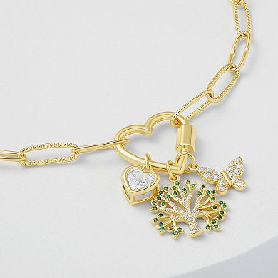 Brilliance 18k Gold Cubic Zirconia Heart, Family Tree and Butterfly Charm Cluster Bracelet