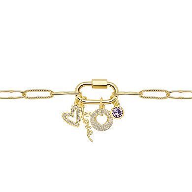 Brilliance 18k Gold Cubic Zirconia Open Heart, "Love", Round and Heart Disc Charm Cluster Bracelet