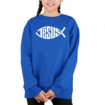 Christian Jesus Name Fish Symbol - Girl's Word Art Crewneck Sweatshirt