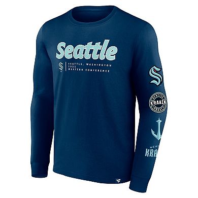 Men's Fanatics Branded Deep Sea Blue Seattle Kraken Strike the Goal Long Sleeve T-Shirt