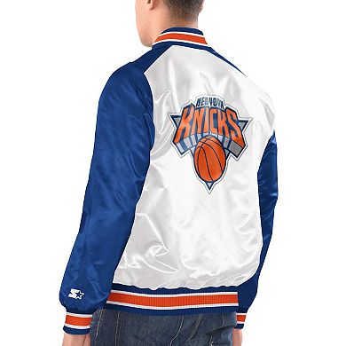 Men's Starter White/Blue New York Knicks Renegade Satin Full-Snap Varsity Jacket