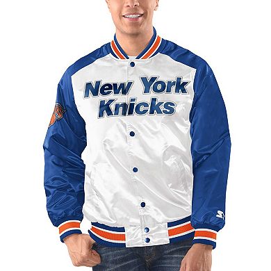 Men's Starter White/Blue New York Knicks Renegade Satin Full-Snap Varsity Jacket