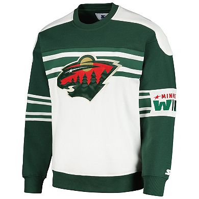 Men's Starter White Minnesota Wild Defense Fleece Crewneck Pullover Sweatshirt