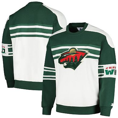 Men's Starter White Minnesota Wild Defense Fleece Crewneck Pullover Sweatshirt