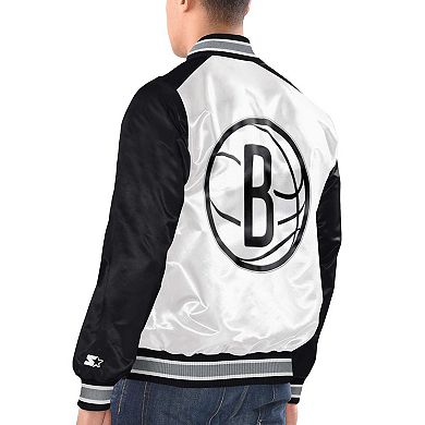 Men's Starter White/Black Brooklyn Nets Renegade Satin Full-Snap Varsity Jacket