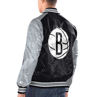 Men's Starter Black/Silver Brooklyn Nets Renegade Satin Full-Snap Varsity Jacket