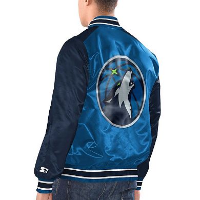 Men's Starter Blue/Navy Minnesota Timberwolves Renegade Satin Full-Snap Varsity Jacket
