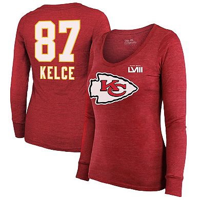 Women's Majestic Threads Travis Kelce Red Kansas City Chiefs Super Bowl LVIII Scoop Name & Number Tri-Blend Long Sleeve T-Shirt