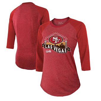 Women's Majestic Threads Scarlet San Francisco 49ers Super Bowl LVIII Vegas Raglan 3/4-Sleeve Tri-Blend T-Shirt
