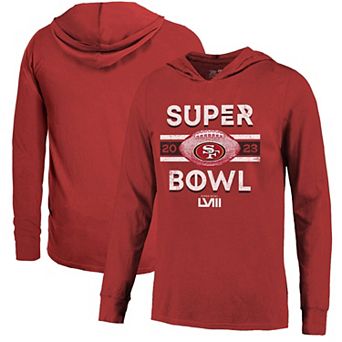 Men's Majestic Threads Scarlet San Francisco 49ers Super Bowl LVIII Tri-Blend Soft Hand Long Sleeve Hoodie T-Shirt