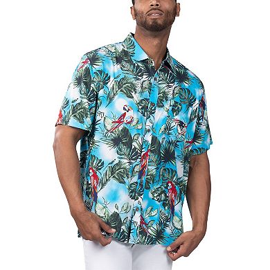 Men's Margaritaville Light Blue New England Patriots Jungle Parrot Party Button-Up Shirt