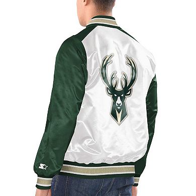 Men's Starter White/Hunter Green Milwaukee Bucks Renegade Satin Full-Snap Varsity Jacket