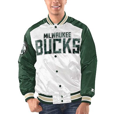 Men's Starter White/Hunter Green Milwaukee Bucks Renegade Satin Full-Snap Varsity Jacket