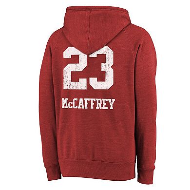 Men's Majestic Threads Christian McCaffrey Scarlet San Francisco 49ers Super Bowl LVIII Name & Number Tri-Blend Pullover Hoodie