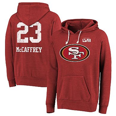 Men's Majestic Threads Christian McCaffrey Scarlet San Francisco 49ers Super Bowl LVIII Name & Number Tri-Blend Pullover Hoodie