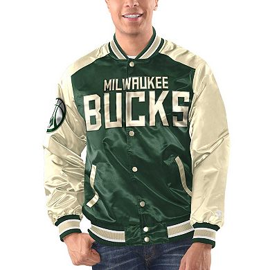 Men's Starter Hunter Green/Cream Milwaukee Bucks Renegade Satin Full-Snap Varsity Jacket