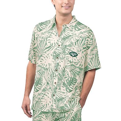 Men's Margaritaville Tan New York Jets Sand Washed Monstera Print Party Button-Up Shirt