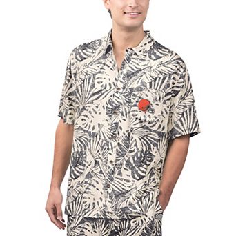 Men's Margaritaville Tan Cleveland Browns Sand Washed Monstera Print Party Button-Up Shirt
