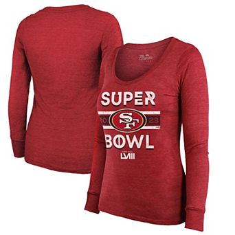 Women's Majestic Threads Scarlet San Francisco 49ers Super Bowl LVIII Make It Happen Tri-Blend Long Sleeve Scoop Neck T-Shirt